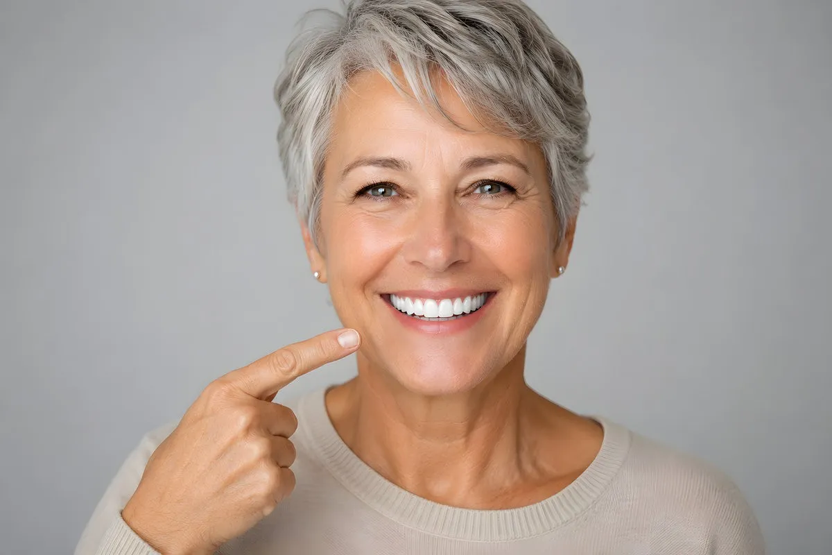 Smiling senior woman showing bright white teeth after cosmetic dentistry at Harbour Pointe Family Dentistry