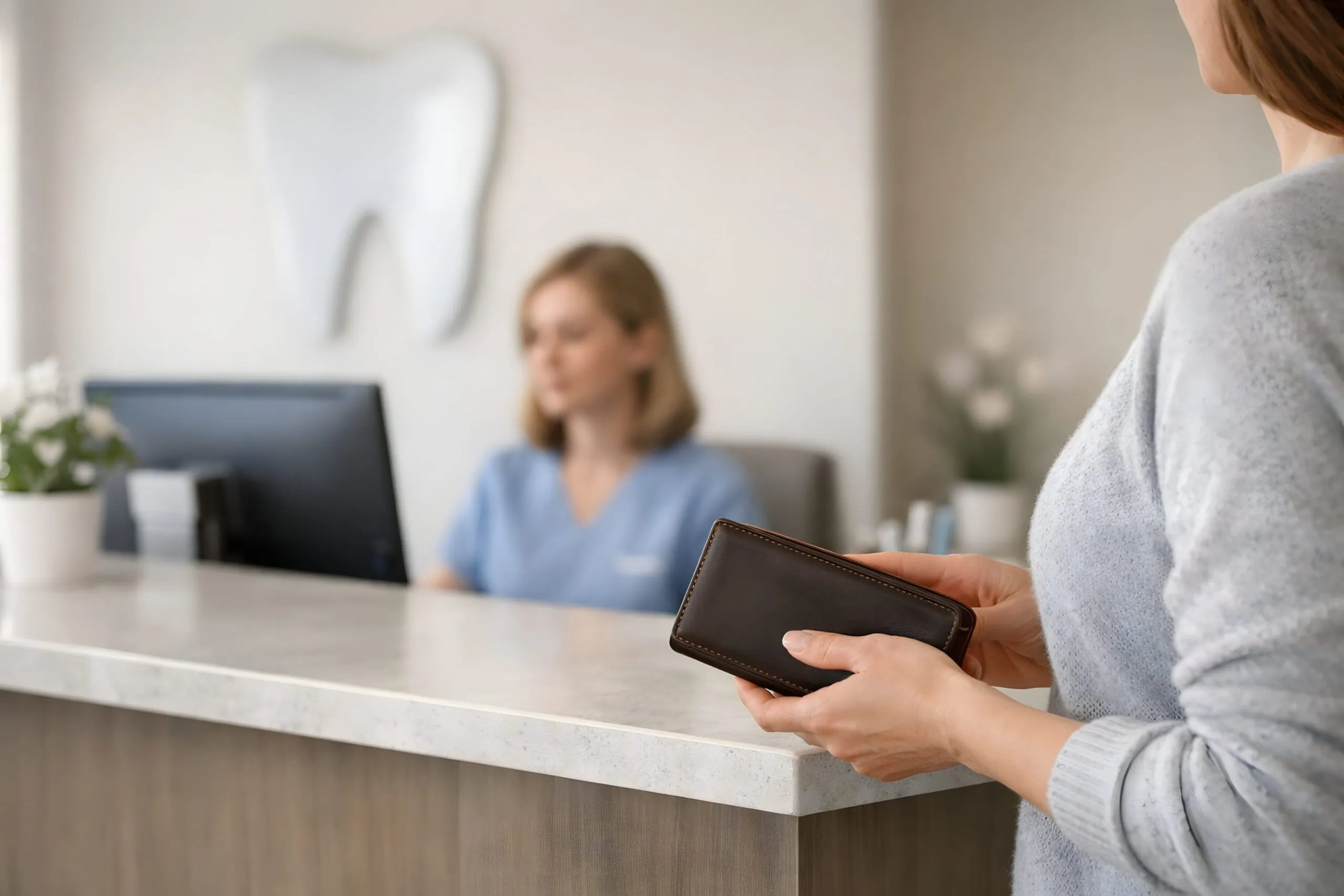 Woman preparing to pay at a dental reception desk at Harbour Pointe Family Dentistry in Mukilteo
