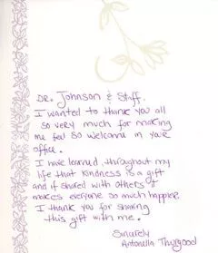 A hand-written thank you note from Antonella for our dentists in Mukilteo, WA.