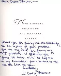 A hand-written thank you note from Cathy, who previously suffered from TMJ disorder.