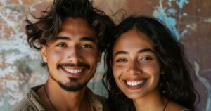 A young couple stand together and smile brightly